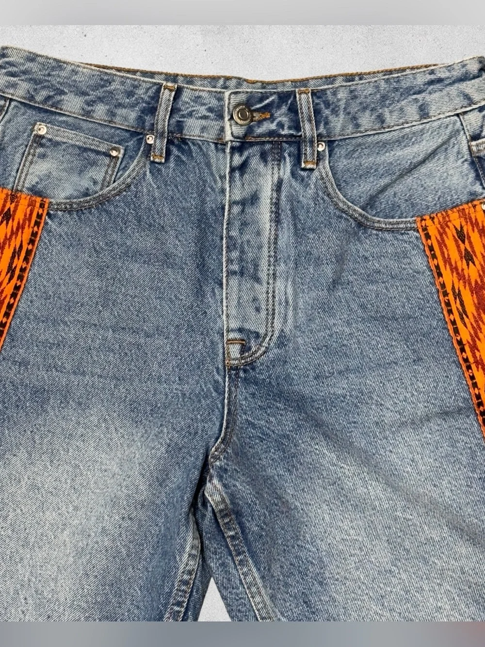 ASOS Denim Long Baggy Shorts Orange Embroidered Trim Y2K Waist 30
